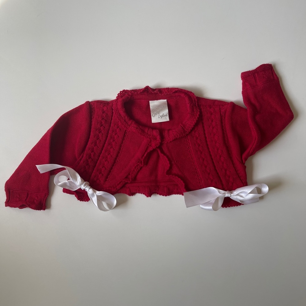 Pretty Originals England red knit cropped baby bow cardigan sweater 6 months
